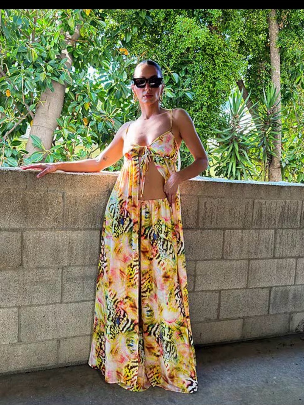 Yellow Tropical Print Cutout Maxi top only with head piece
